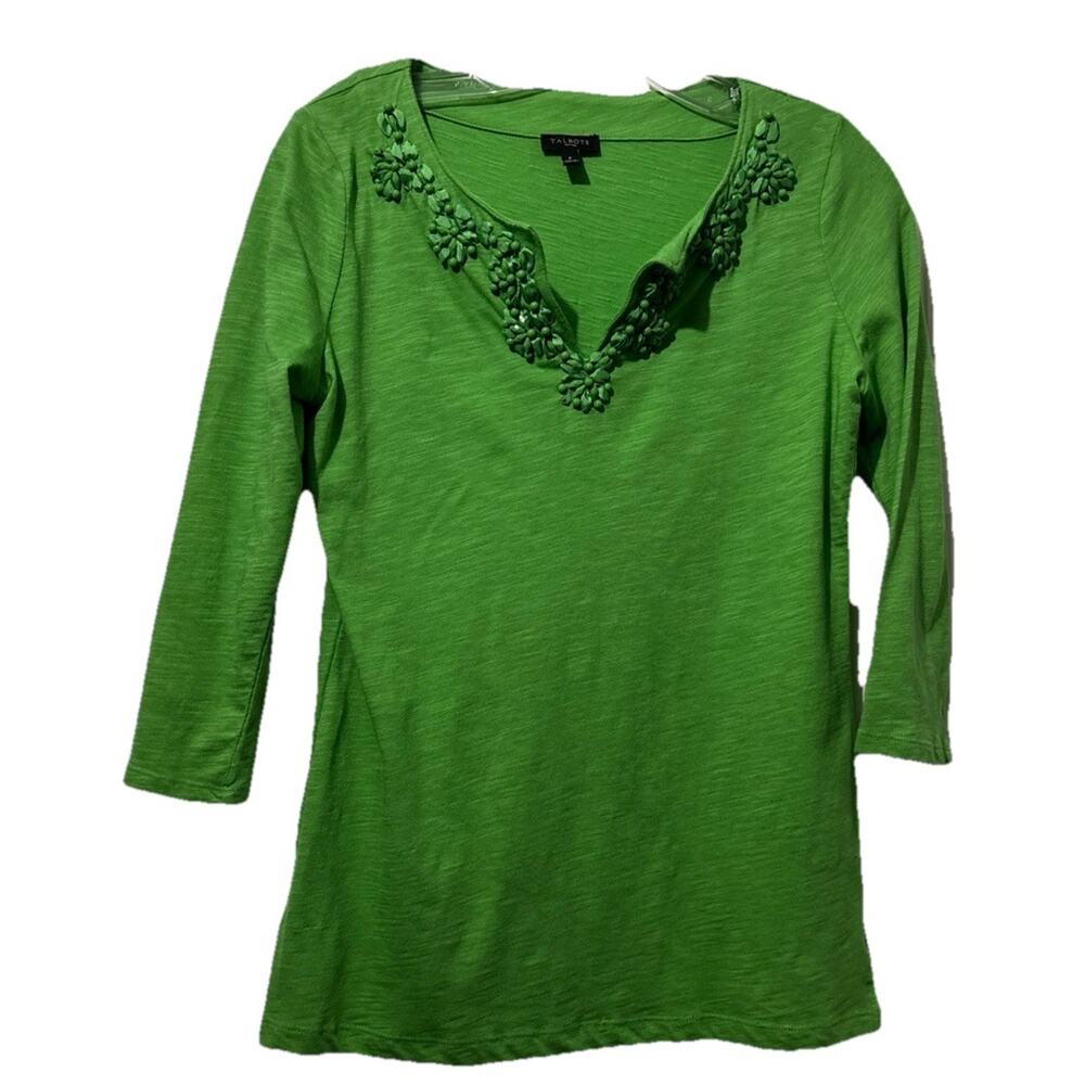 Talbots Petites Top Size P/XS Kelly Green Beaded Boho 3/4 Sleeve side Slits